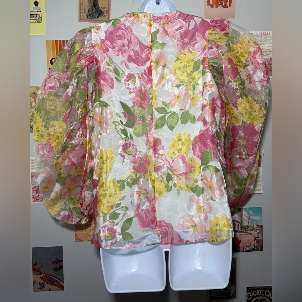 Olivaceous Sheer Floral Puff-Sleeve Blouse in Pink, Yellow & Green - Picture 2 of 7